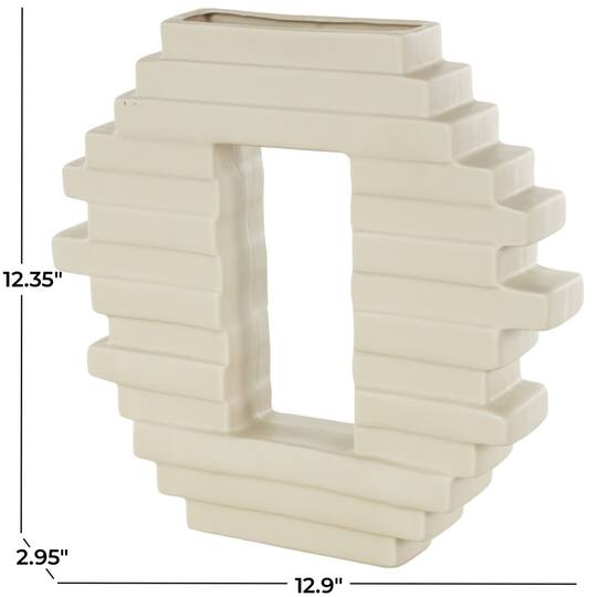 13" Cream Ceramic Abstract Decorative Vase with Rectangular Center Cutout
